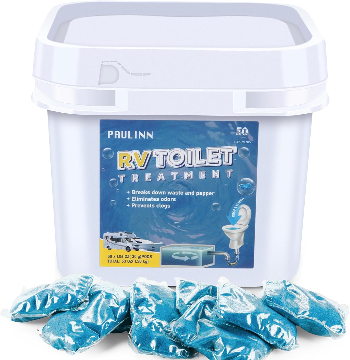 PAULINN 30A Generator Power Inlet Box with RV Toilet Treatment Drop Ins, Black Grey Water Holding Tank Deodorizer for RV Marine, 50 Packs