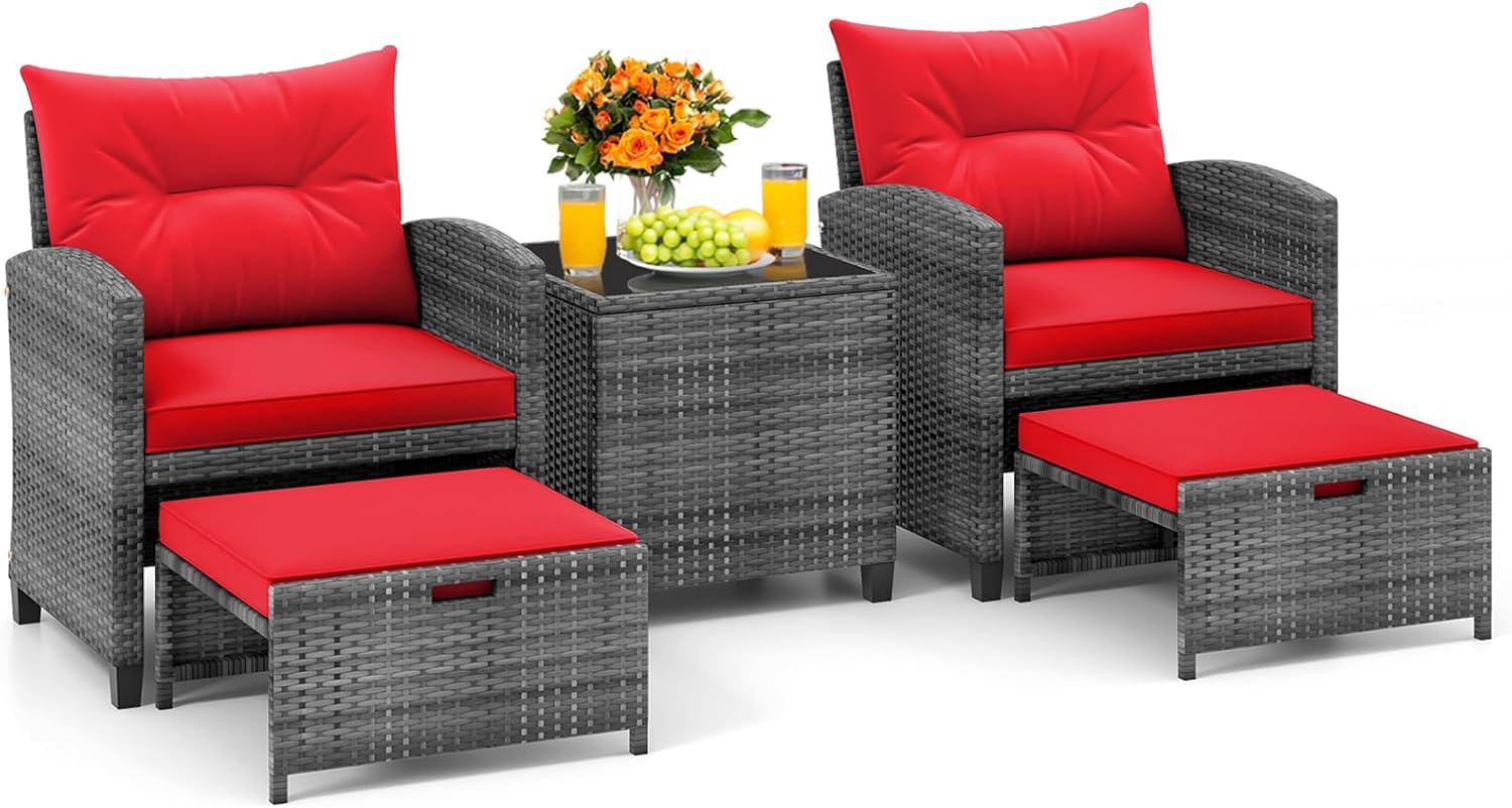 KOTEK 5 Pieces Patio Furniture Set with Ottomans, Wicker Patio Conversation Set with Coffee Table & Cushions, PE Rattan Outdoor Lounge Chairs for Backyard, Porch, Poolside (Mix Grey- Red)