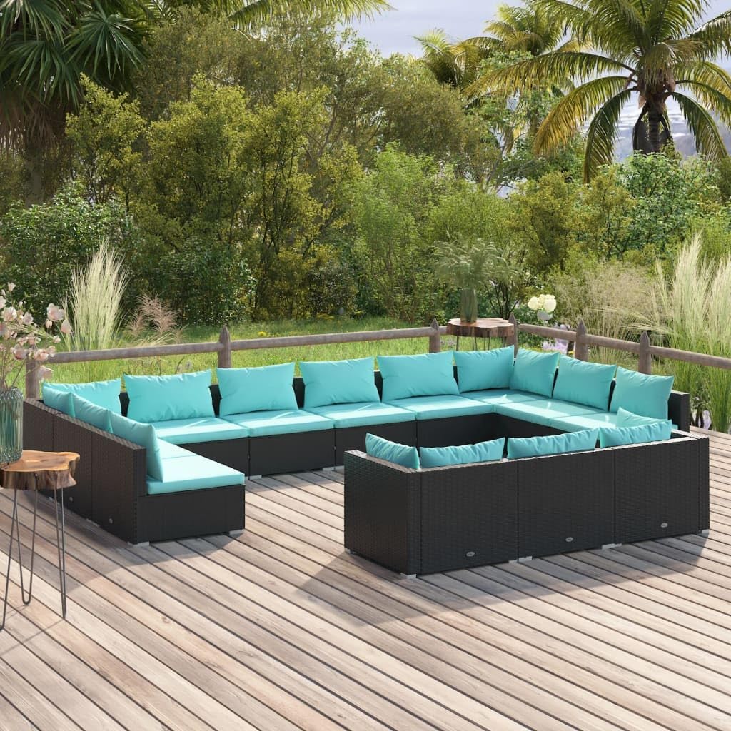 13 Piece Patio Lounge Set with Cushions Black Poly Rattan,Outdoor Patio Lounge Set with Modular Design for Customizable Comfort Outdoor Furniture Sets, Patio Furniture