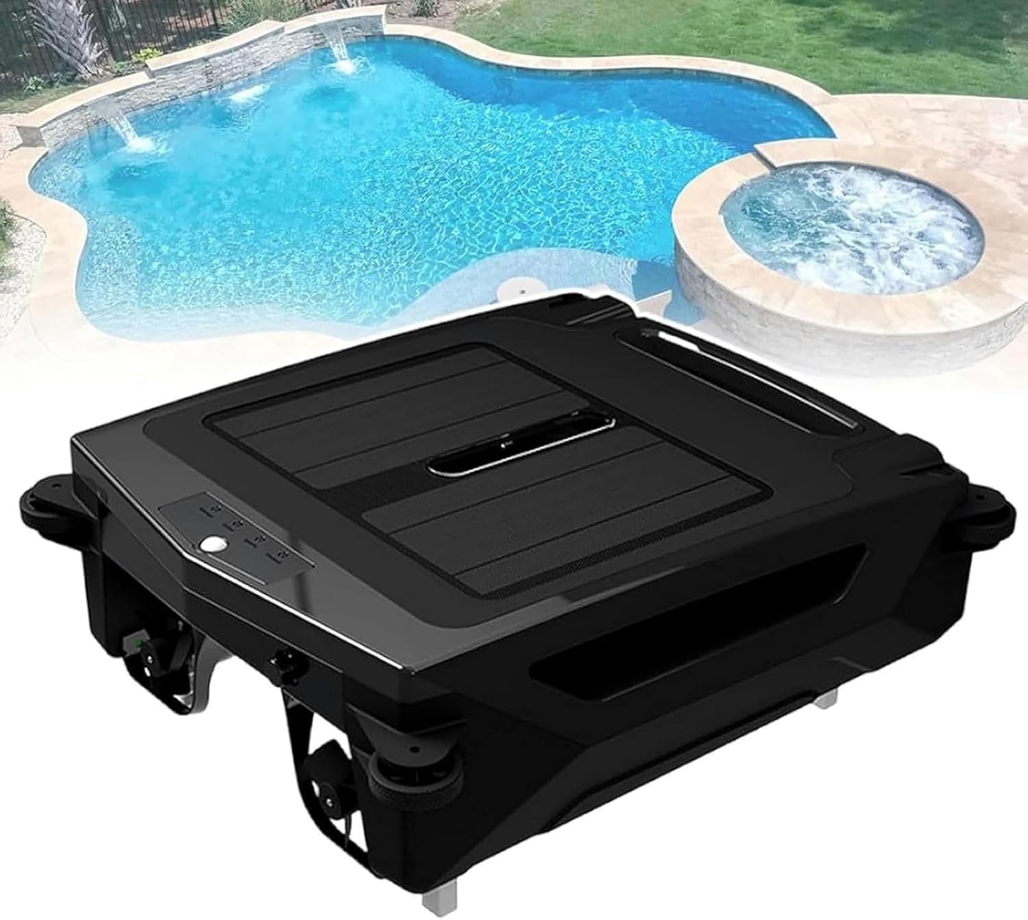 Solar/Electric Robotic Pool Skimmer Cleaner, Automatic Pool Cleaner Robot with Obstacle Avoidance, Daytime ＆ Overnight Continuous Cleaning, 2 Speed Modes