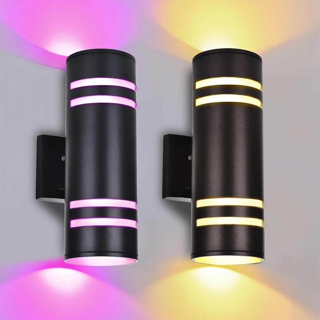Smart RGB Outdoor Wall Lights, 2 Pack Front Porch Light Fixtures, Cylinder Up and Down Lights Outdoor Wall Sconce, Exterior Lighting Fixture Compatible with Google Assistant Alexa
