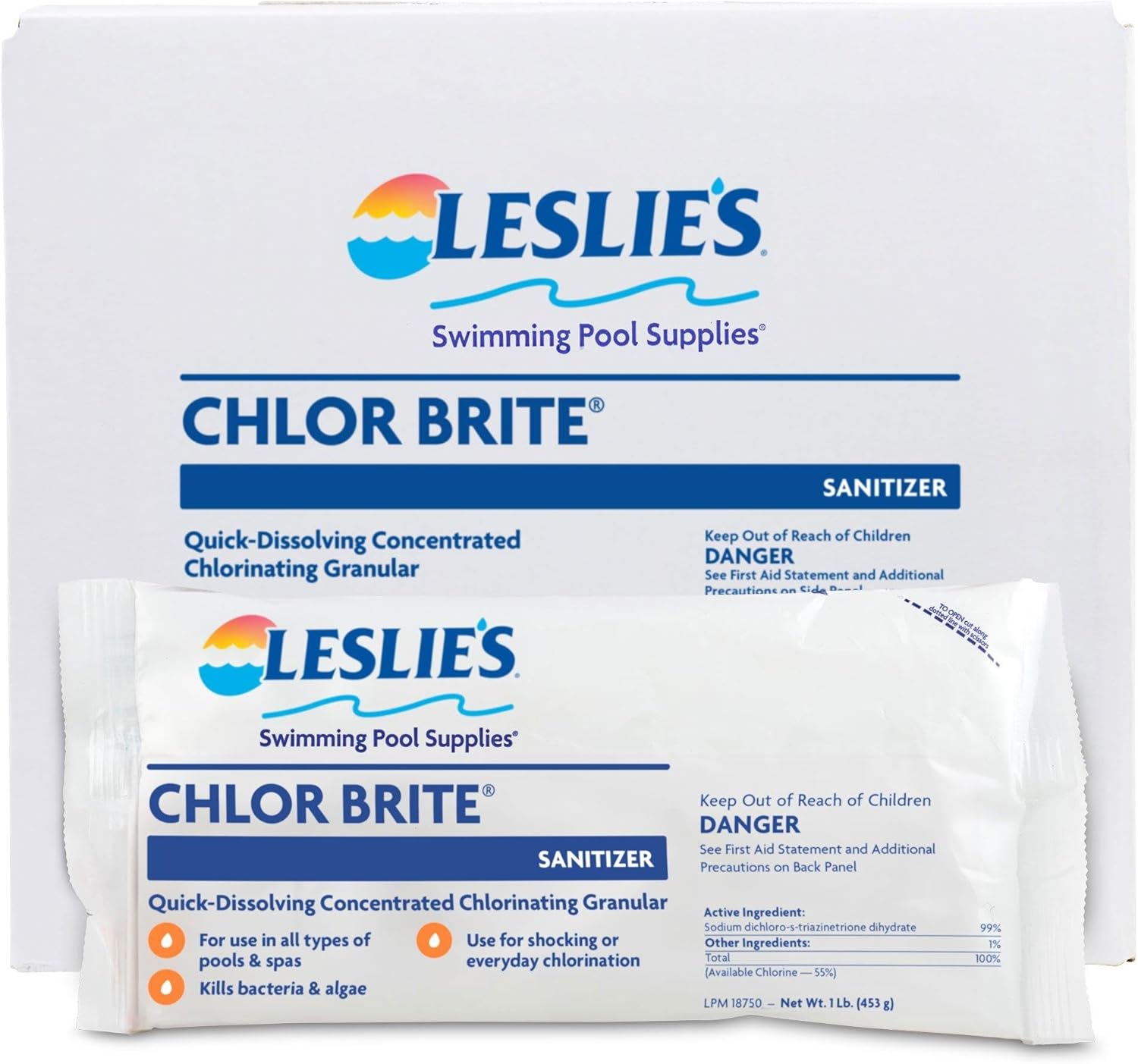 Leslie's Chlor Brite Pool Shock for Swimming Pools, Spas, and Hot Tubs - Granular Stabilized Sodium Dichlor Sanitizer - 12 x 1 Pound Bags