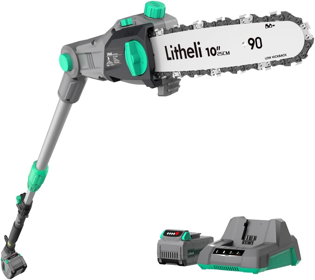 Litheli 40V PoleSaw Cordless, 10 Inch Battery Pole Saws for Tree Trimming, Electric Pole Chainsaw with 2.5Ah Battery & Charger, Oiling System, 8.3 LB Lightweight, 16 FT/S Cutting Speed Power Pole Saw