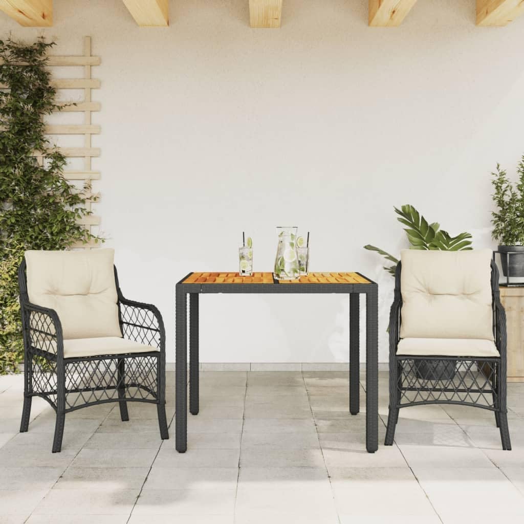 3 Piece Bistro Set with Cushions Black Poly Rattan,Comfortable Patio Bistro Set with Durable Rattan and Acacia Wood for Outdoor Use Patio Furniture, Outdoor Furniture Sets