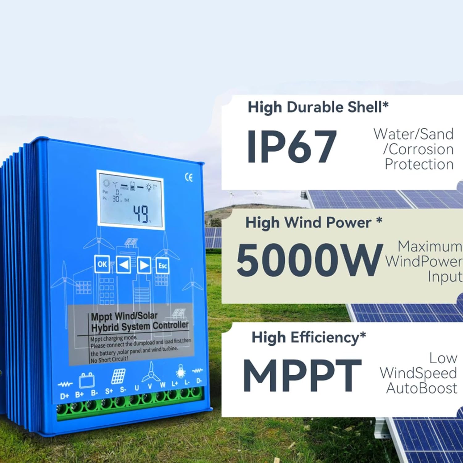 220v, 5000W Wind& Solar Hybrid Controller IP67 Water Proof MPPT Charge Controller for Home Hybrid System Auto-Regulate