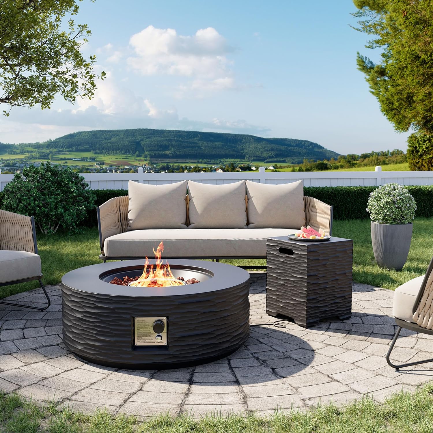 Cosiest Propane Fire Pit with Tank Cover for Outside, 35 in Round Gas Fire Pits for Outdoor Patio, Certified, 50000 BTU Concrete Rectangle Base with Rain Cover, Free Lava Rocks