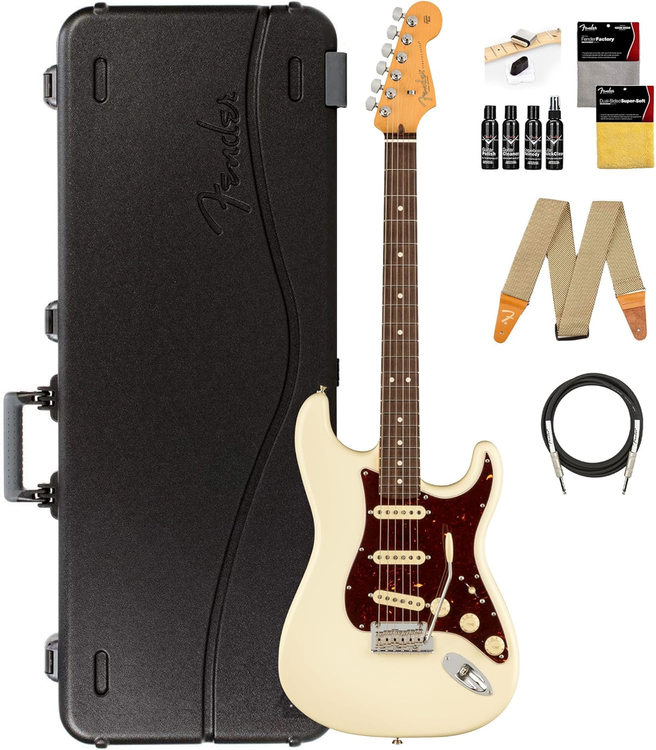 Fender American Professional II Stratocaster - Olympic White Bundle with Case, Strap, Cable, and Guitar Cleaning Kit