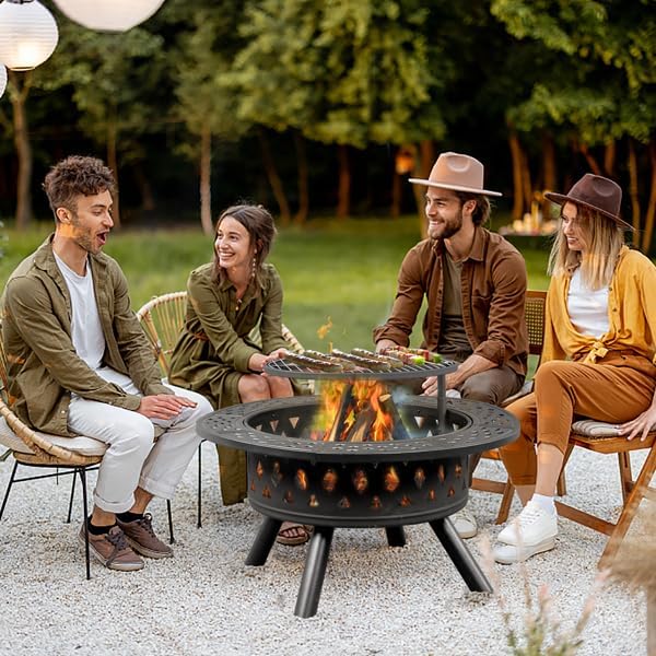 SwingIt 38 Inch Fire Pit with Grills, Large Outdoor Firepits for Outside, Wood Burning Fireplace for Camping,Picnic,Bonfire, 3-in-1 Round Metal Table with Lid for Backyard,Patio,Party