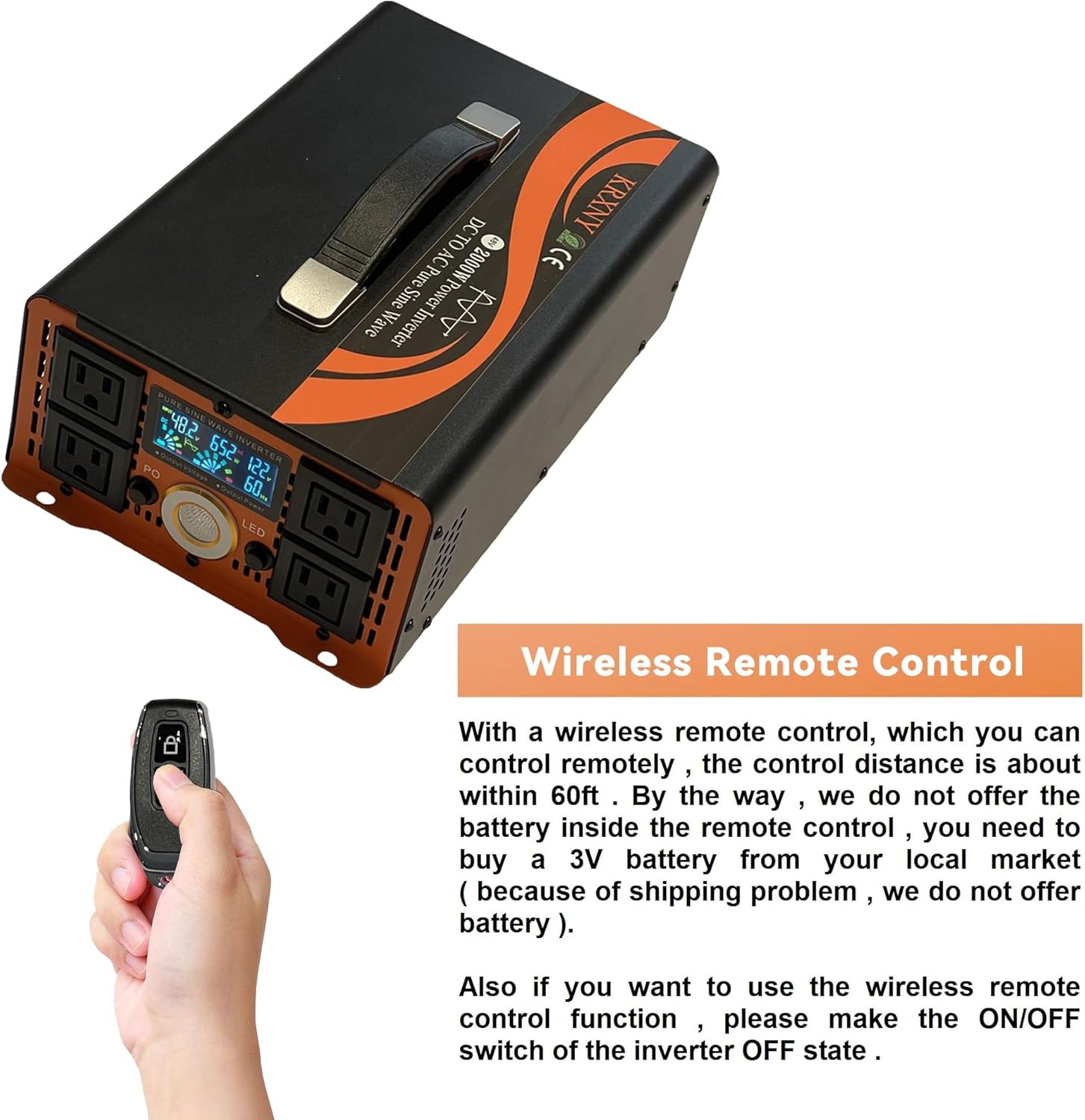 2000W Pure Sine Wave Inverter 48V DC to 110V 120V AC Power Converter for Truck Boat RV Camping Off Grid Home Solar System with Handle