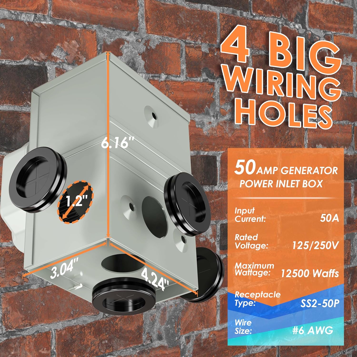 UL Listed 50 Amp 10 Feet Generator Cord and Power Inlet Box Combo Kit NEMA 14-50P Male to SS2-50R STW 6/3+8/1 AWG 125/250V Twist Locking with Inlet Box for Generator to House