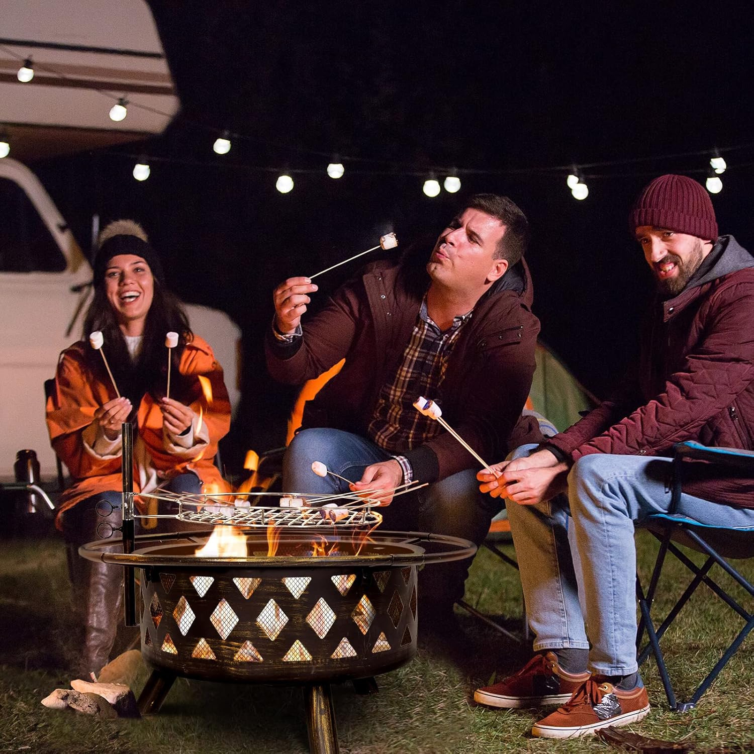 Amopatio Fire Pit with Mat & Cover, 30 Inch Large Outdoor Wood Burning Fire Pits, Patio Backyard Firepit with Steel BBQ Grill Cooking Grate, Spark Screen & Poker for Garden, Bonfire, Camping, Picnic