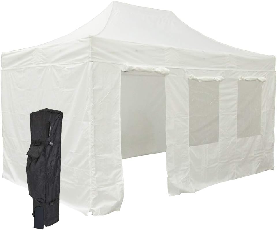 Vispronet White 10x15 Aluminum Canopy Tent Kit - Resists Up to 30mph Wind Gusts - Includes 10x15 Door and Window Wall, and Full Wall, 2 10x10 Full Sidewalls, Canopy Storage Bag, and Stake Kit