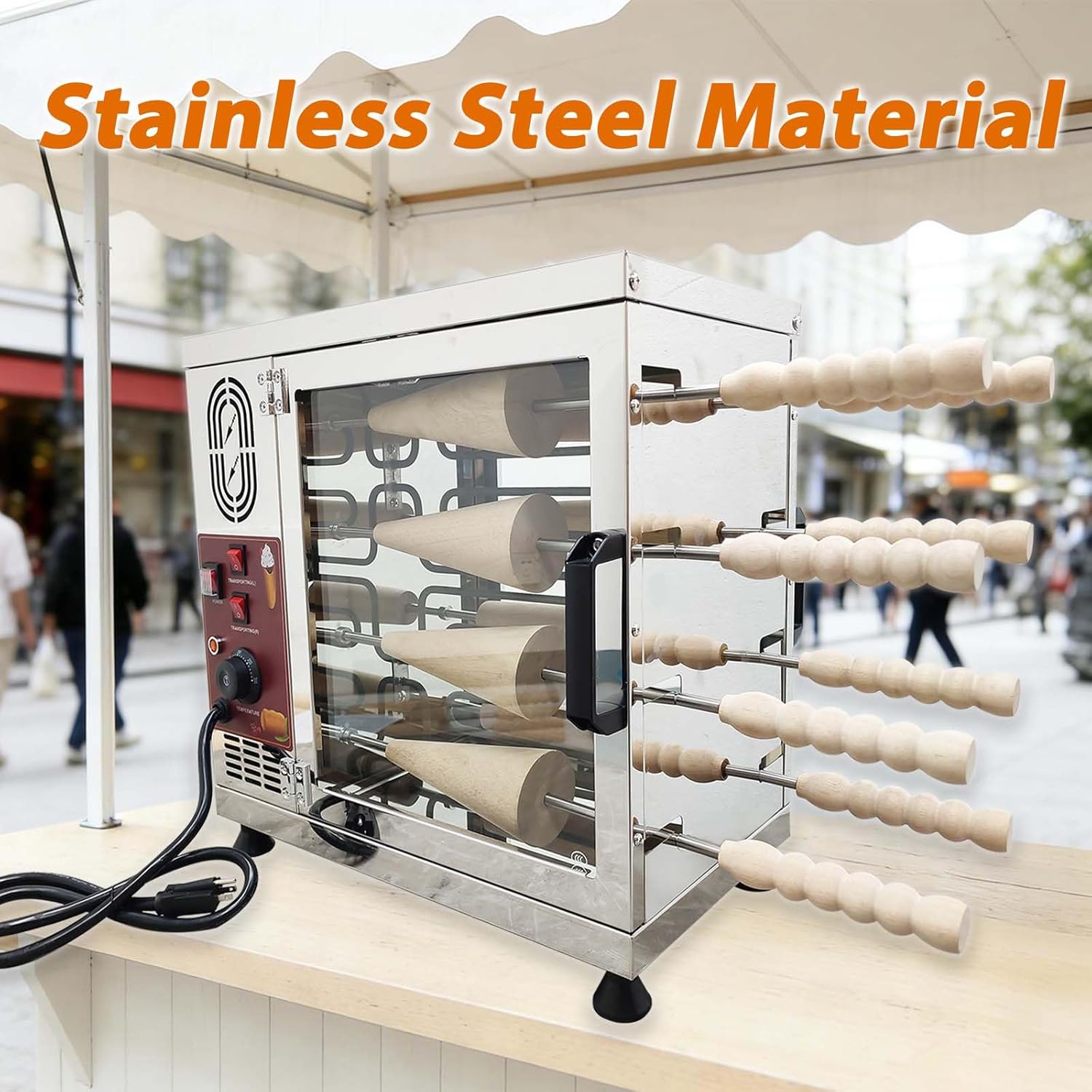 110V 3200W Electric Ice Cream Cone Maker, 60-80 pcs/h Production, Stainless Steel Chimney Cake Machine, 8-Station Baking Oven with 16pcs Roller for Chimney Cake and Bread Rolls