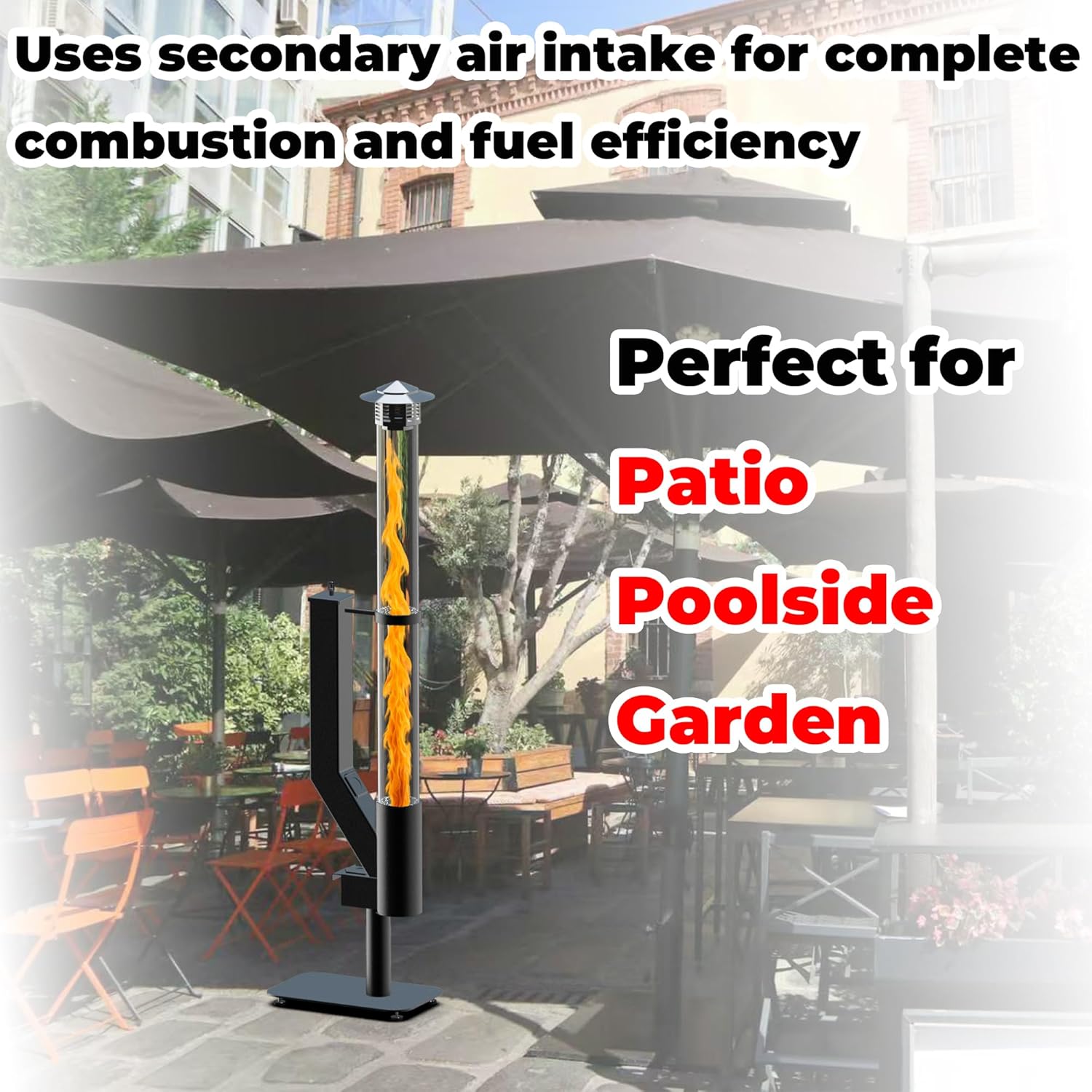 Smokeless Wood Pellet Patio Heater, Spiral Swirling Flame Glass Tube Fire Pit for Patio/Garden/Backyard, Anti-Tip Steel Base with Adjustable Feet, Outdoor Use Only