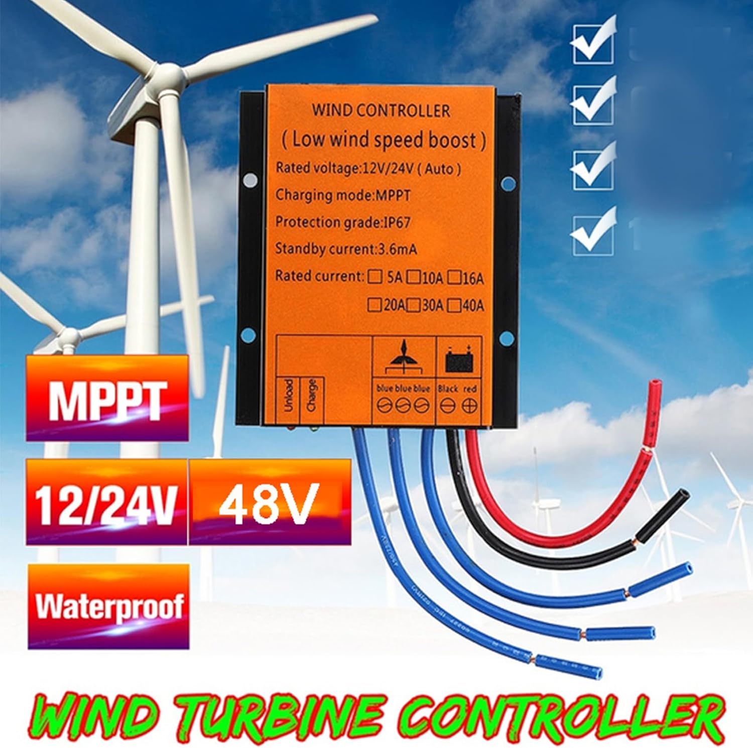 12V,BAOJUHUIKANG 12V 24V 48V Low Wind Speed Charge Controller 10000W MPPT Charge Controller for Horizontal Vertical Wind Turbine Generator