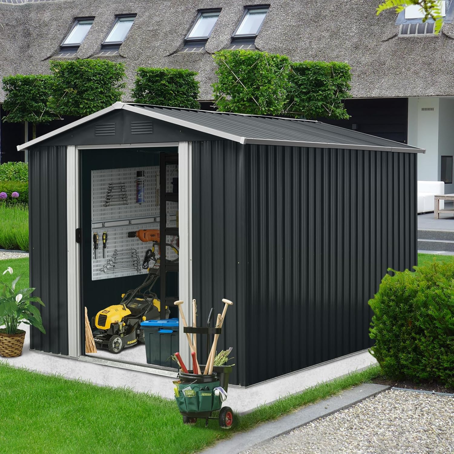 Outdoor Metal Storage Shed with Sliding Doors,Ventilation,Metal Floor Base - Galvanized Steel Construction,UV-Resistant Coating - Garden Tool House (Black 2,8 x 10 FT)