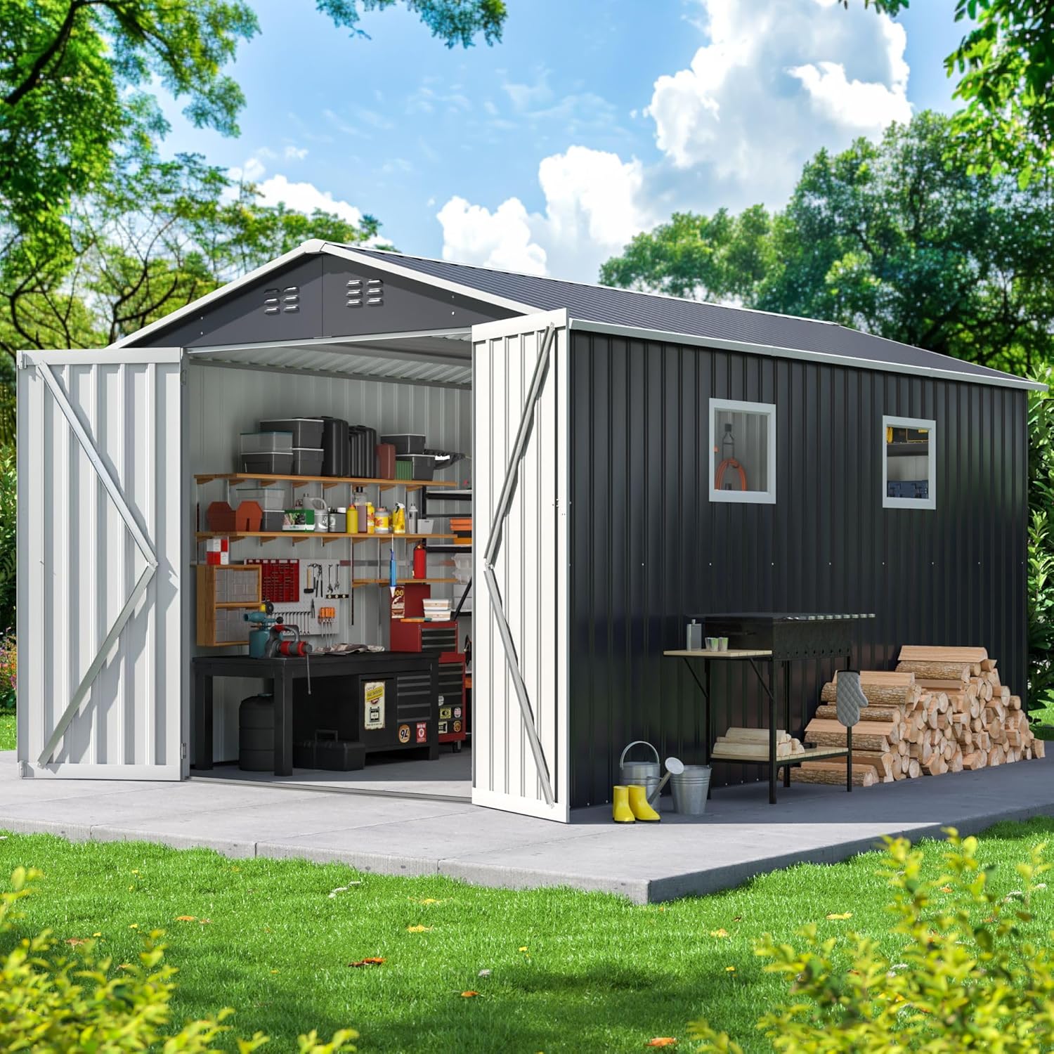 8x11.6 FT Outdoor Storage Shed, Metal Garden Tool Shed with Updated Frame Structure, Lockable Doors and Windows, Ideal for Backyard Garden Patio Lawn, Grey