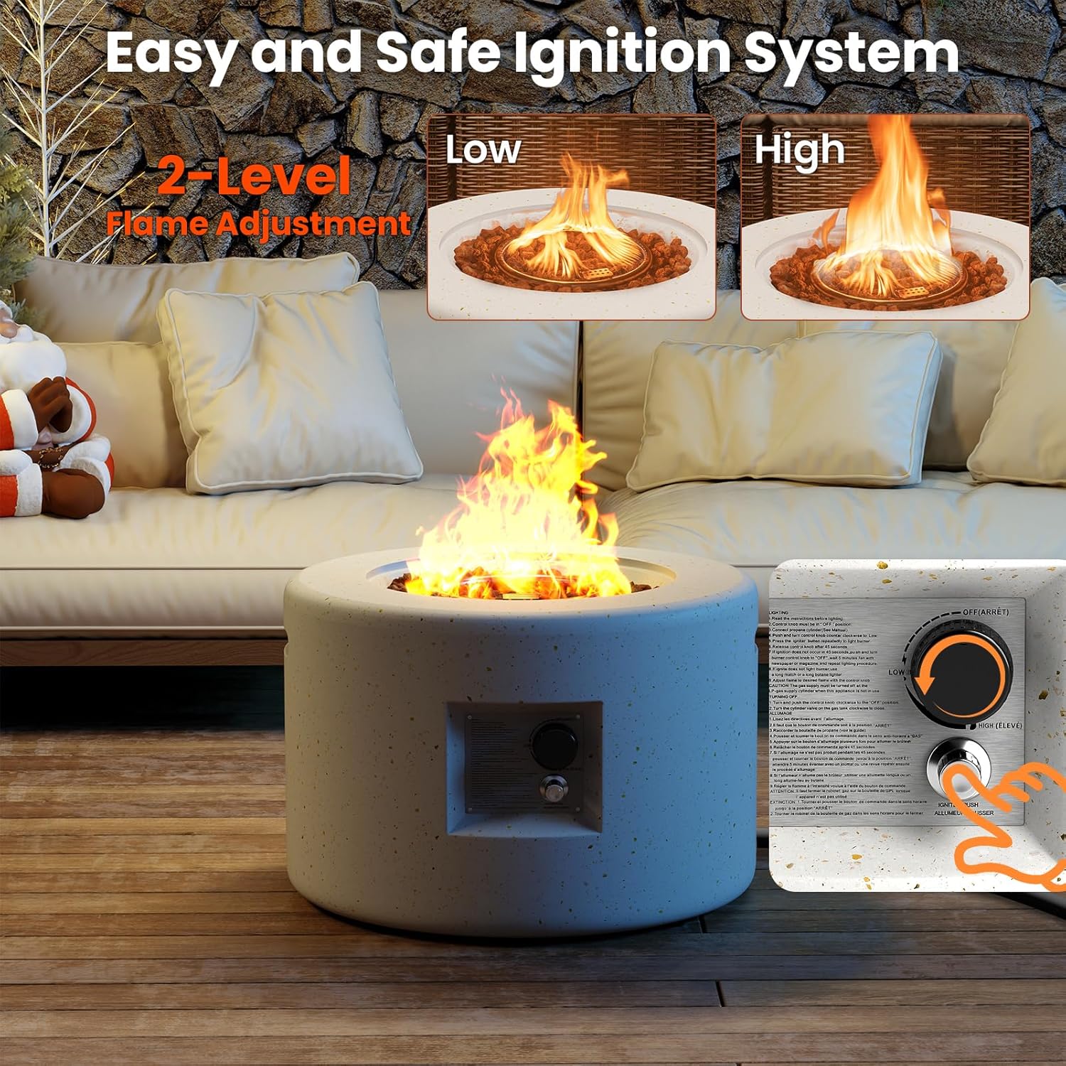 Happygrill 40,000 BTU Outdoor Fire Pit Table, 25.5” Round Terrazzo Propane Gas Fire Pit with Stainless Steel Burner, Simple Ignition System, Protective PVC Cover, Lava Rocks Included