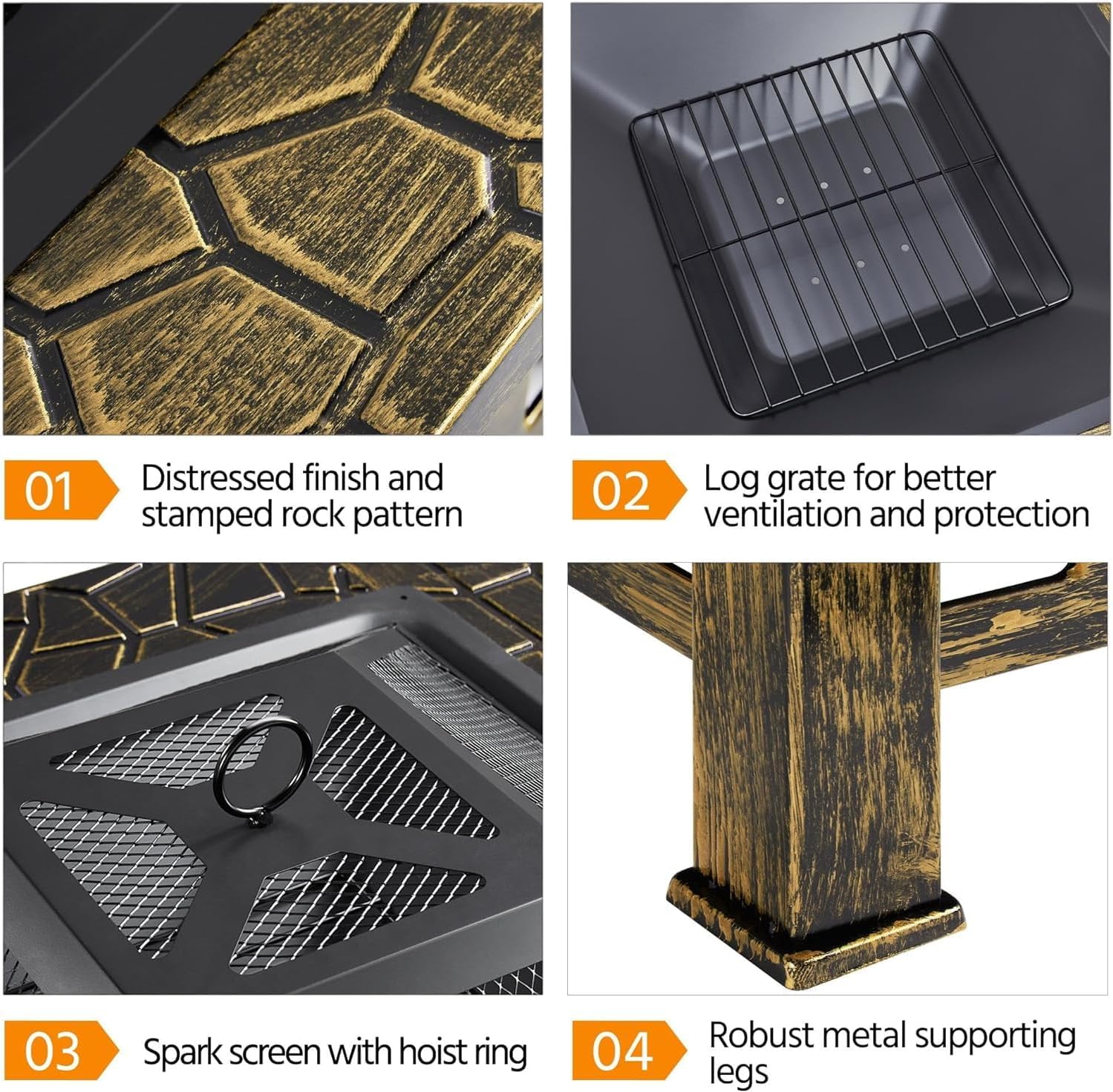 34in Fire Pit Table Outdoor Fire Pits Square Steel Stove with Mesh Screen, Waterproof Cover & Poker for Outside Patio Bonfire Camping (Bronze)