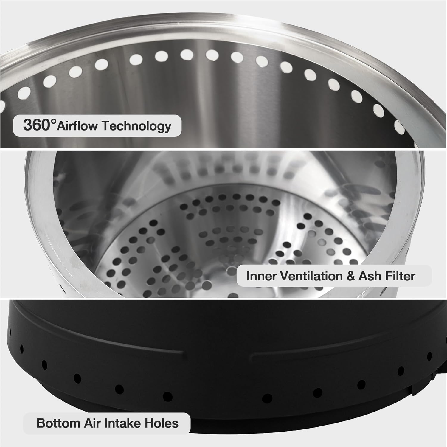 HOMREST 20 Inch Smokeless Fire Pit, Portable Outdoor Firepit with Cooking Grate for Camping, 304 Stainless Steel Stove Bonfire with Removable Ash Pan & Weather Cover for Backyard, Patio (Black)