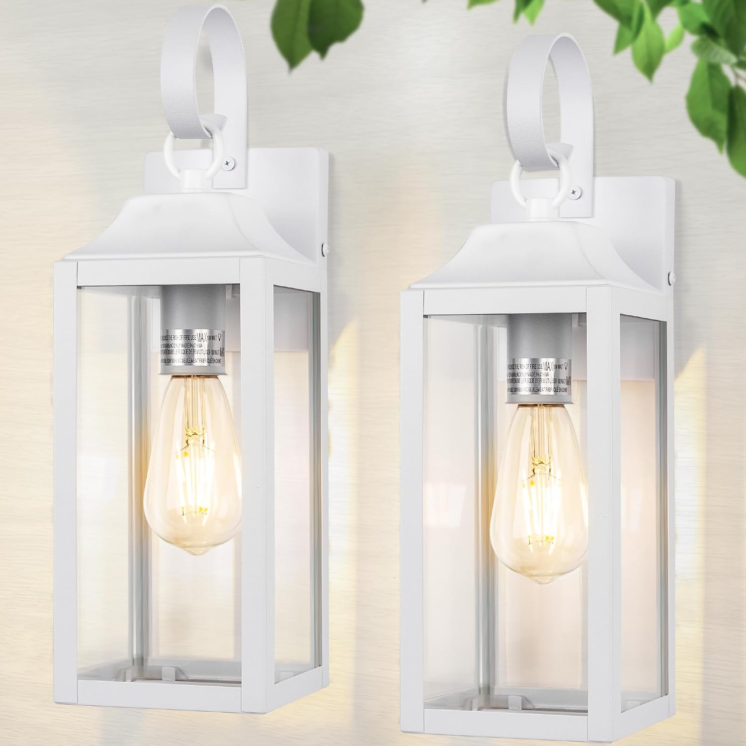 2 Pack Outdoor Light Fixtures Wall Mount, 15 Inch White Exterior Wall Sconces Waterproof, Large Outside Lights for House, Modern Wall Lanterns Clear Glass