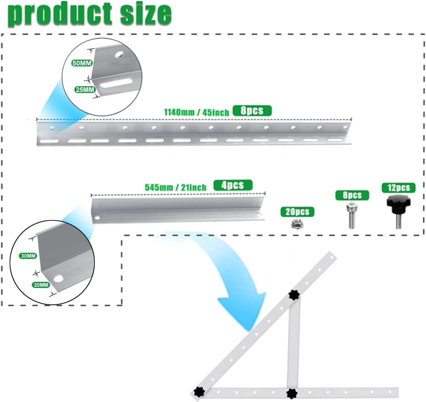 Adjustable Solar Panel Mounting Brackets - 2 Sets 45 inch Durable Tilt Solar Panel Stand/Mount with Foldable Tilt Legs for 200W-600W RV, Boat, Rooftop & Off-Grid Systems