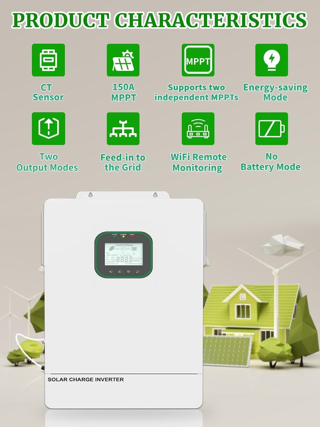 All in One 6500W Solar Hybrid Inverter Pure Sine Wave Inverter with Single Phase Split Phase，MAX 6 Parallel, Work with 48V Lead Acid/LiFePO4 for Home, RVs, (6.5KW-WiFi)