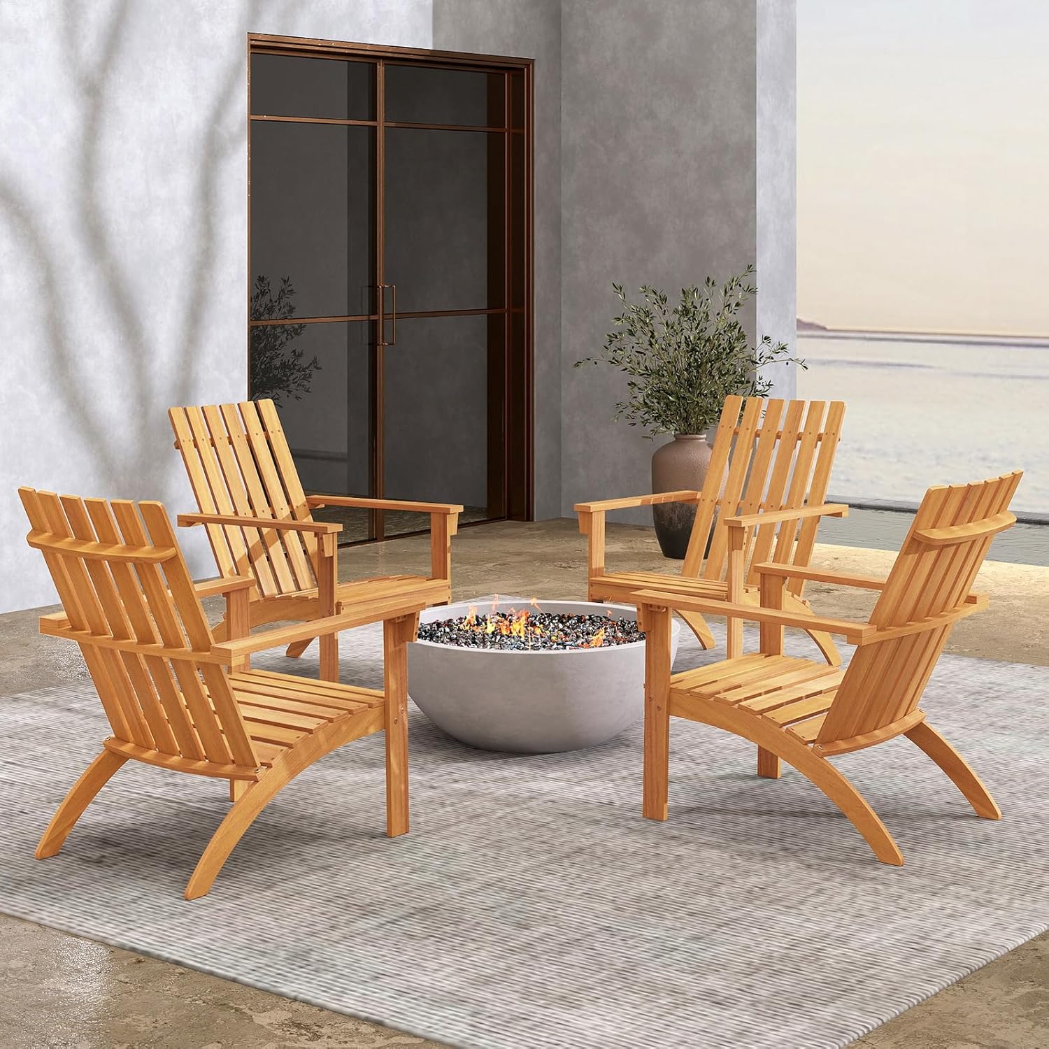 Tangkula Outdoor Adirondack Chair, Solid Acacia Wood Fire Pit Chair with Inclined Backrest, Curved Seat & Wide Armrests, Wooden Lawn Chair for Porch, Patio, Garden, Backyard, Deck (4, Natural)