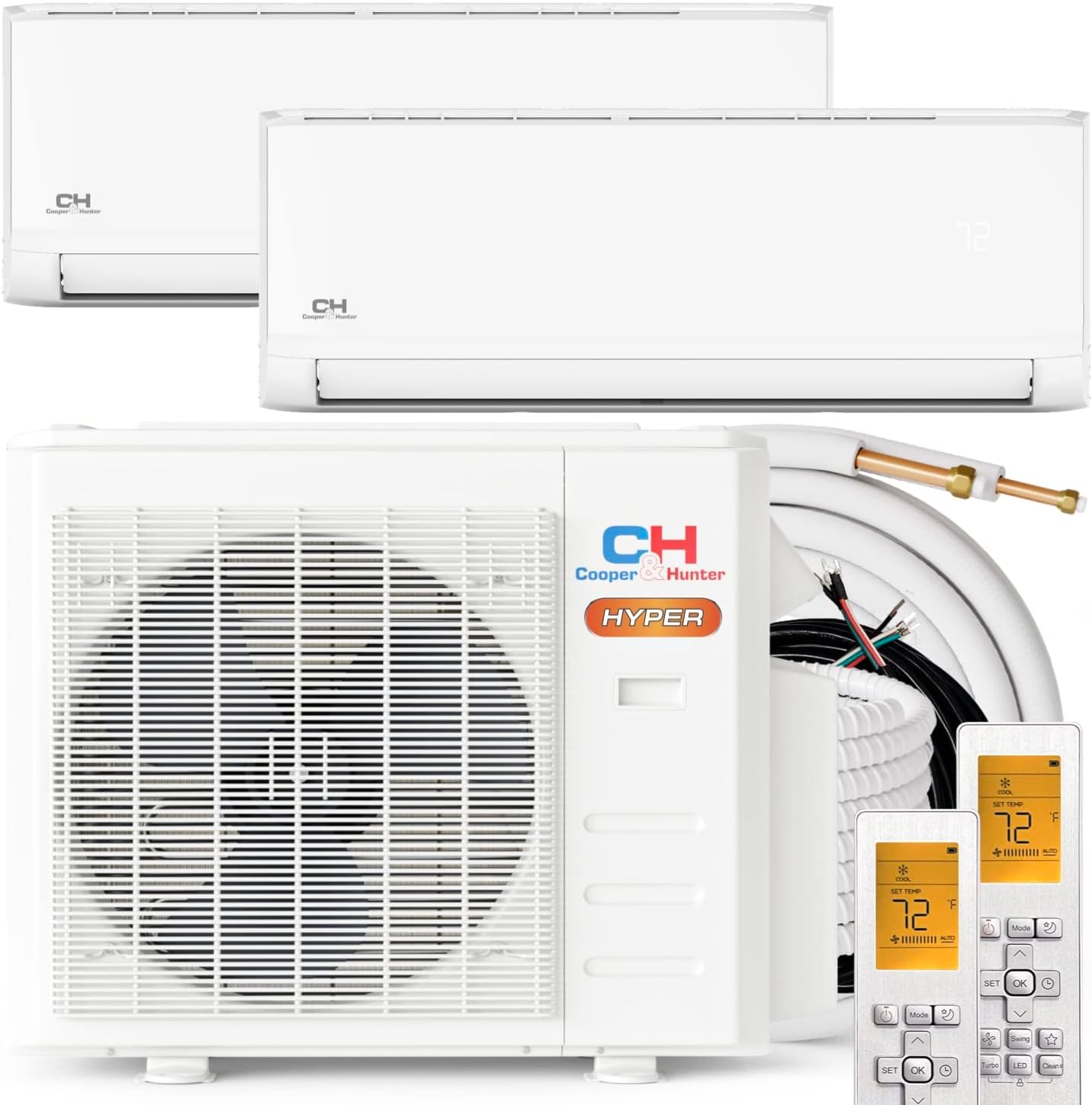 Cooper&Hunter Hyper Heat -22F Dual 2 Zone 9,000 + 9,000 BTU Ductless Mini Split Heat Pump Air Conditioner System 230V Full Set with Two 25ft Installation Kits