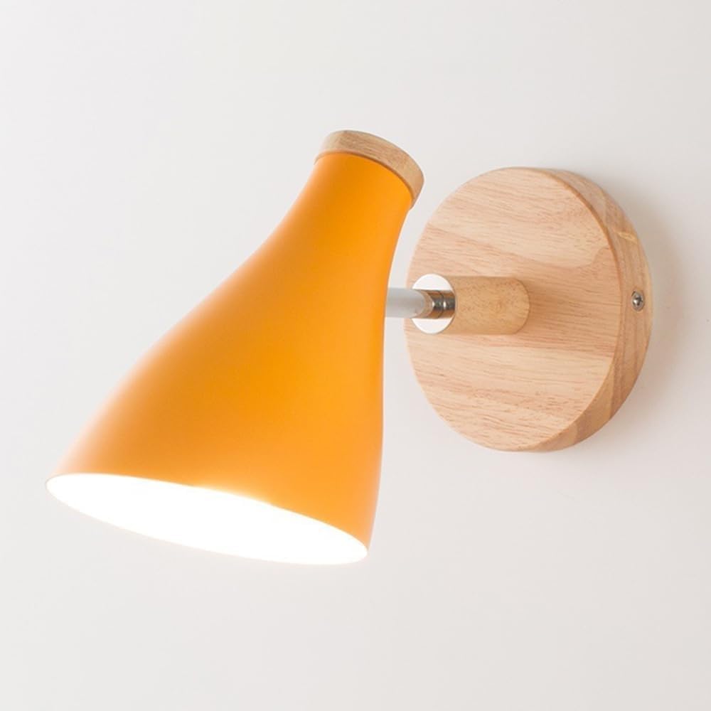 LED Modern Wall Lamp, Wooden Wall Light with Metal Shade, E27 Lighting Fixture, Corridor Decorative Wall Sconces, 90° Adjustable Bedside Wall Lamps(Orange)