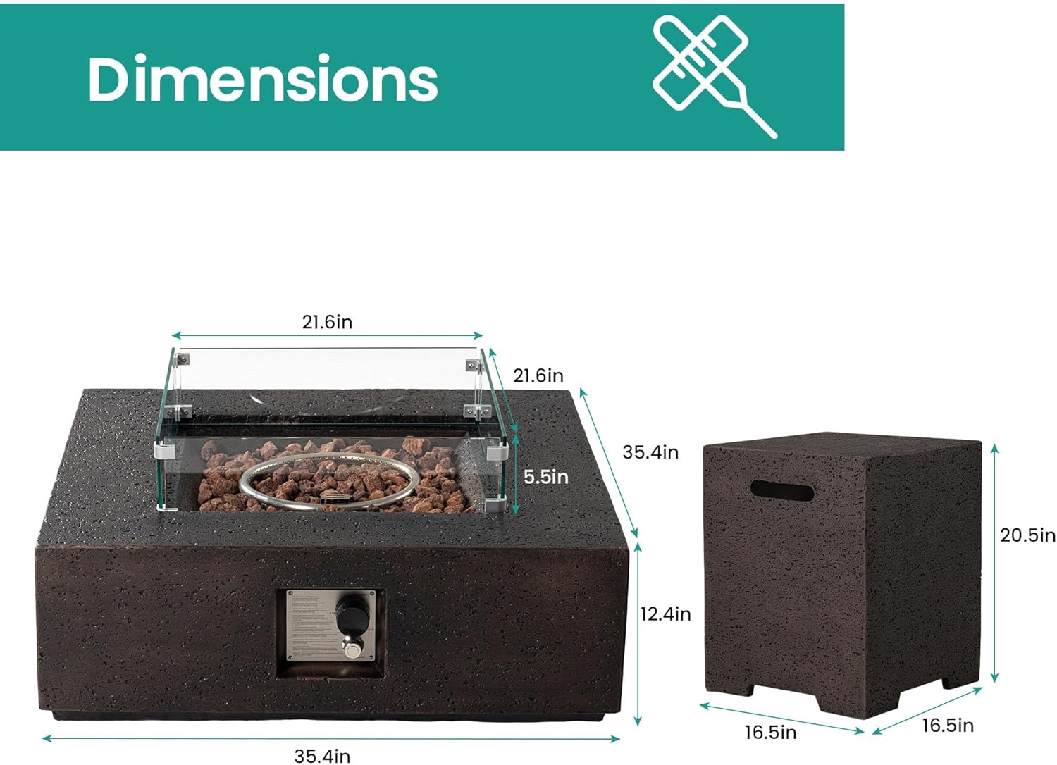 SUNBURY 35 in Square Outdoor Fire Pit, Propane Gas Patio Fire Table, 50000 BTU Firepit Table with Lava Rocks, Wind Guard, Propane Tank Cover, Waterproof Cover (Dark Brown)