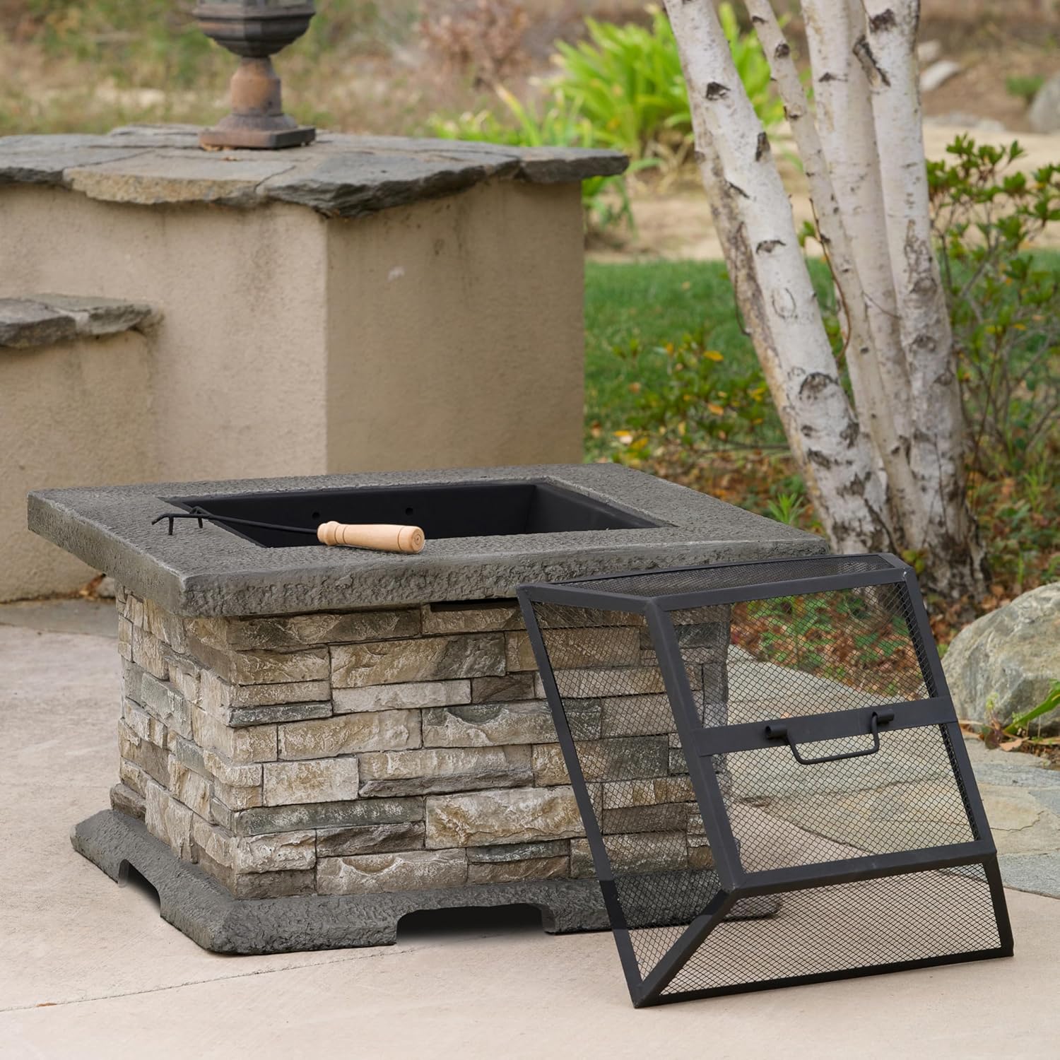 28-inch Square Outdoor Fire Pit, Stone Gray MGO Fire Pit Table with Mesh Cover & Poker Tool, No Assembly Required Patio Heater for Garden Deck 54537.00