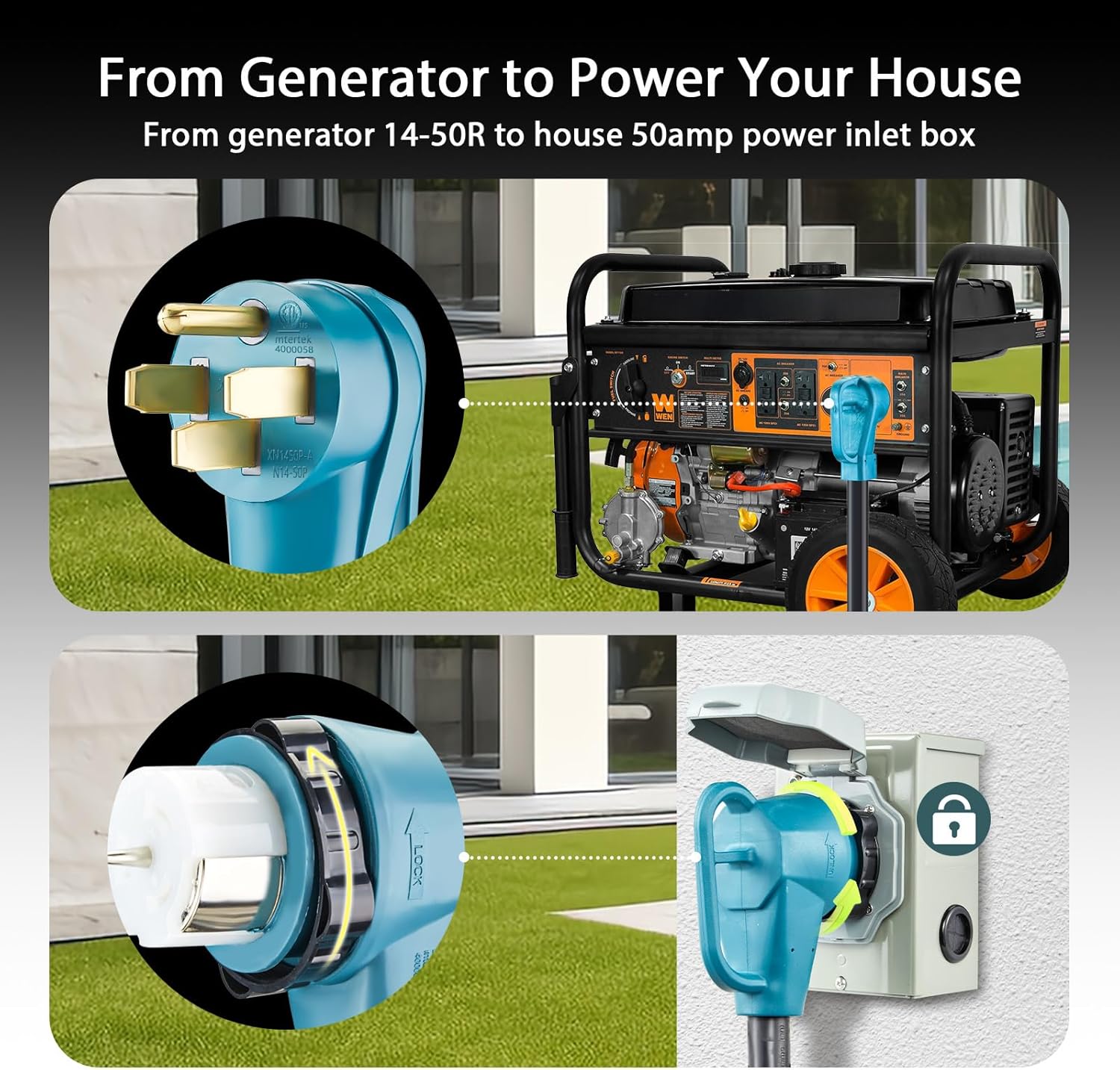 50 Amp Generator Power Cord and Power Inlet Box Waterproof Combo Kit, 125V/250V 50A NEMA 14-50P to SS2-50R Generator Extension Cord with NEMA SS2-50P Generator Inlet, ETL Listed (25FT)