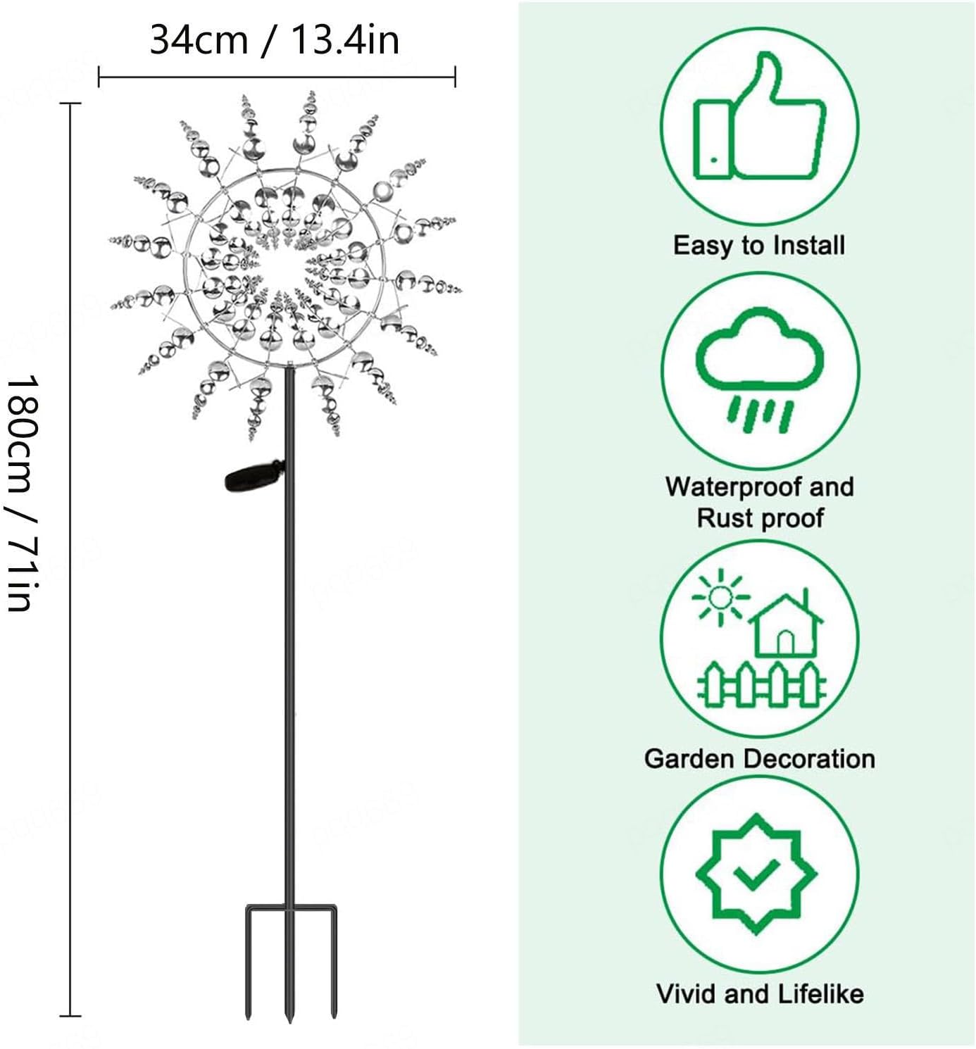 Solar Magical Metal Windmill, Windspinners 3D Wind Powered, 13.4 x 71in Kinetic Wind Spinner,Gold