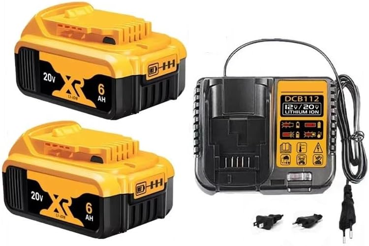 CAILAILE 20V/60V 6.0Ah Lithium Battery Compatible with DeWalt DCF850/DCF887 DCB200/DCB206/DCB204 Series Tools | Cordless Power Tool Battery(20V6Ah x2 Charger x1)