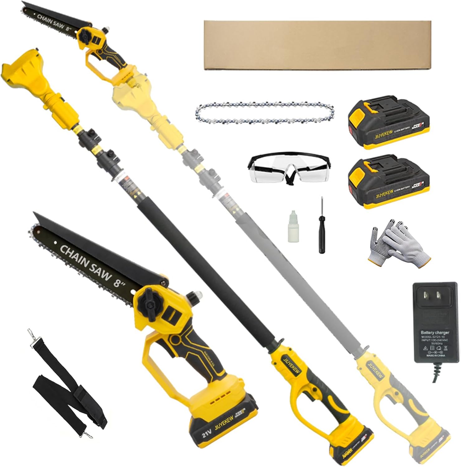 2-in-1 Cordless Pole Saw & Mini Chainsaw - 8in Bar, Brushless Motor, 15FT Max Reach for Tree Trimming, 2×4.0Ah Batteries Included. 180° Adjustable Head, Shoulder Strap