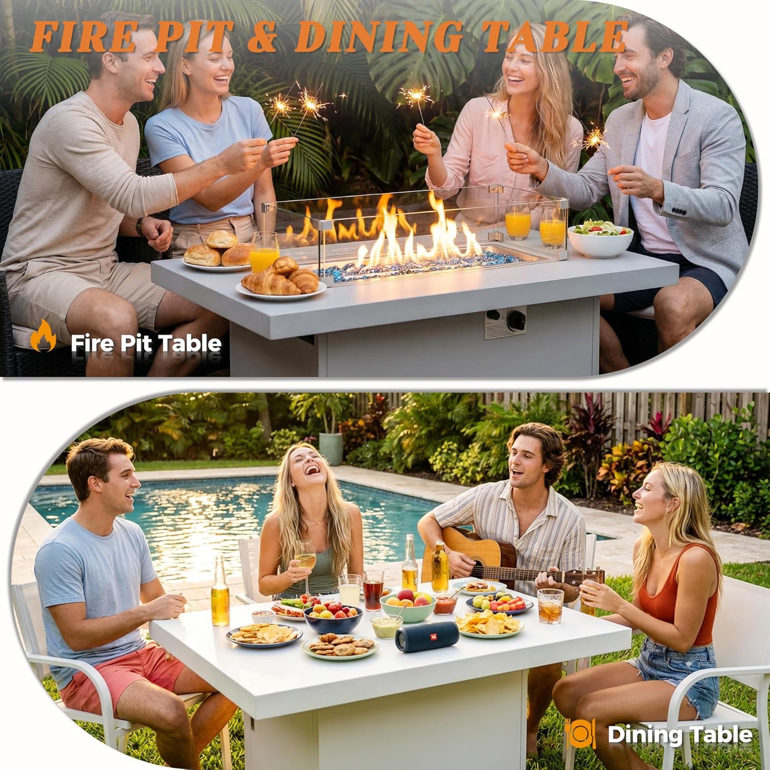 RADIATA Patio Outdoor Aluminum Rectangle Propane Gas Fire Pit Table Anti-Rust 55,000 BTU H-Burner Firepit with Glass Stones & Wind Guard Glass Cover for Outside Garden Yard Pool Balcony (White)