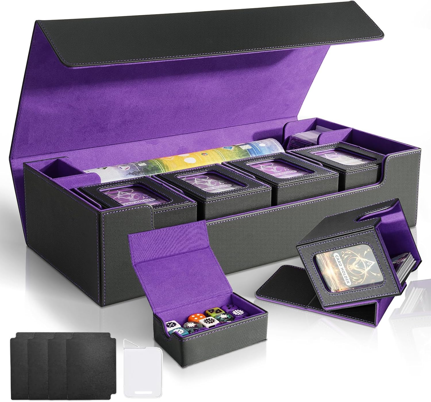 Card Deck Box for MTG Commander, Large 6 in 1 Card Storage Display Case with 5PCS TCG Deck Boxes & Dice Tray, Holds 2400+ Unsleeved Trading Cards (Black&Purple Set)