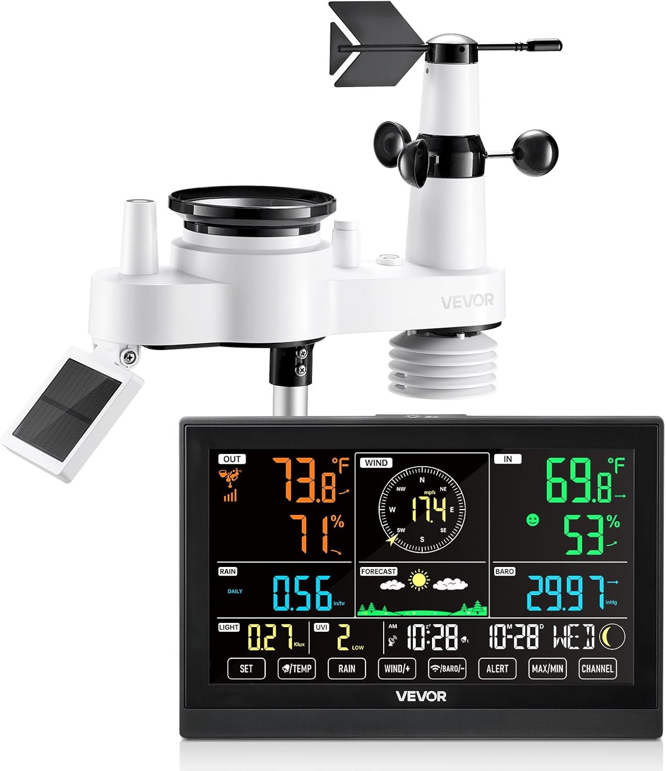 VEVOR 7-in-1 Wireless Weather Station, 7.5-Inch VA Display, Solar Powered Outdoor Sensor, Rain Gauge, Indoor Outdoor for Weather Forecast, Temperature, Humidity, Wind Speed and Direction (No WiFi)