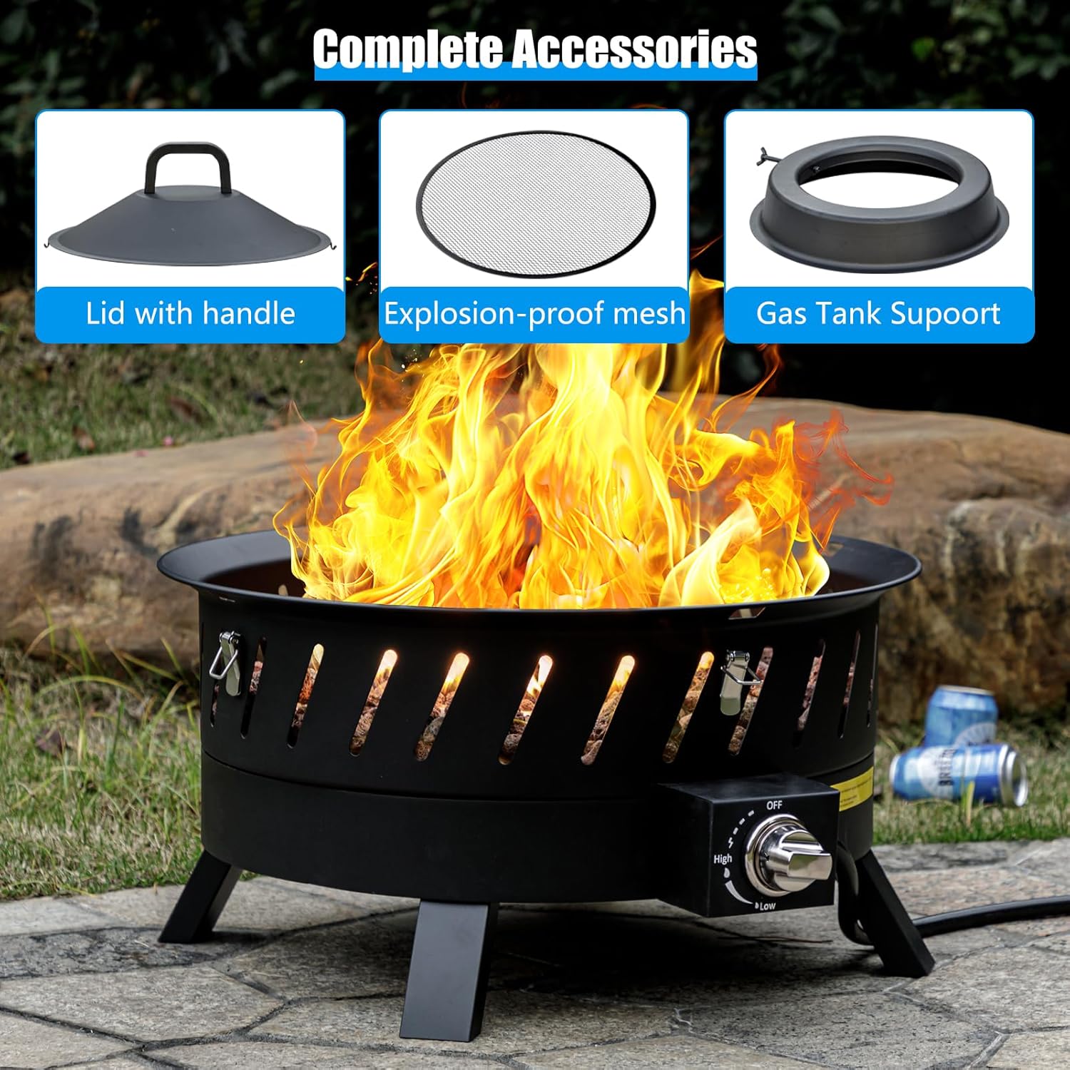 22 inch Portable Propane Fire Pits, Gas Fire Pit Bowl for Outside with Lid & Handle, Smokeless Gas Firebowl,Propane Firepit for Camping, Patio, Yard, Garden