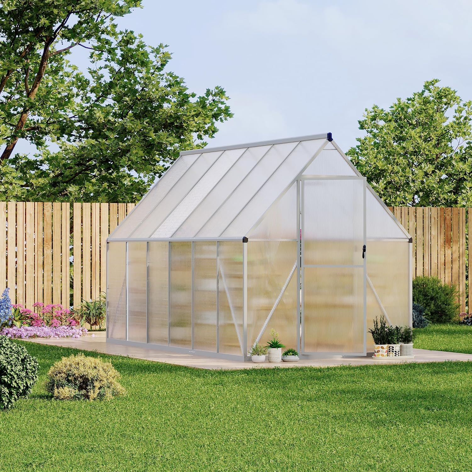 6x11 FT Walk-in Greenhouse for Outdoor,Large Aluminum Polycarbonate Greenhouses with Roof Vent and Lockable Door for Sunroom Patio, Backyard, Garden,Silver
