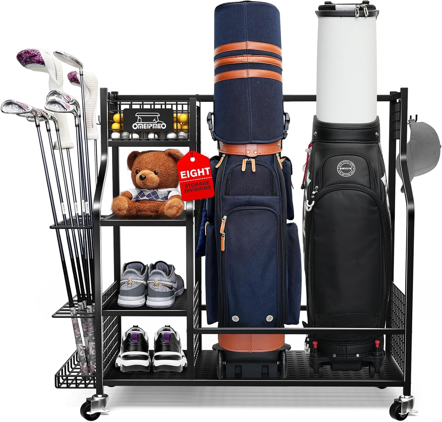 Golf Bag Storage Garage Organizer, Golf Bag Storage Stand and Other Golfing Equipment Accessories Rack, Golf Bag Storage Rack with Wheels, Golf Organizer for Home, Garage, Club, Shed, Basement