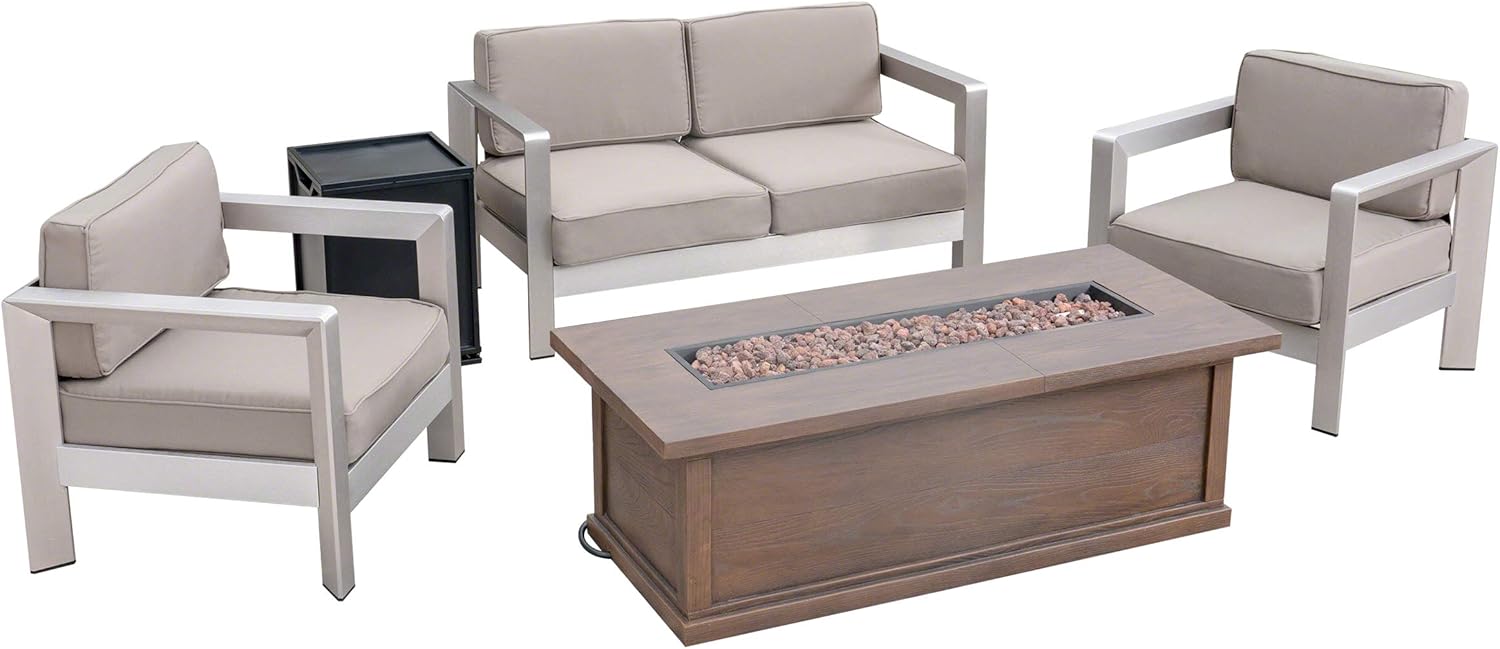 Great Deal Furniture Outdoor 4-Seater Aluminum Chat Set with Fire Pit and Tank Holder, Silver with Khaki and Brown with Wood Pattern