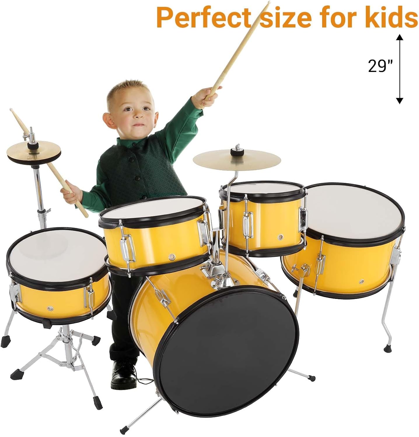 Senfot Drum Set for Musical Instruments, AD-300 Five Piece Drums with Bass Drum, Tom-Tom, Snare, Cymbals, Hi-Tone Drum, Sticks, Base Pedal and Stool, Beginner Set (Yellow, 5-Piece)