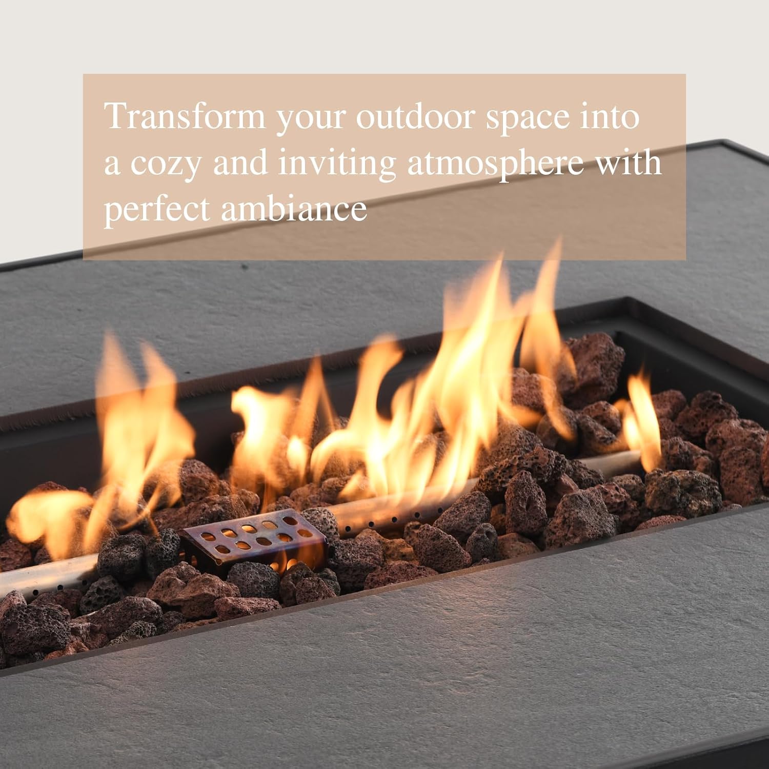 48'' Rectangular Outdoor Propane Fire Pit Table, 50000 BTU Patio Heater with Stone-Look Panel, Ceramic Tabletop & Aluminum-Coated Steel Tube Legs, Lava Rocks, Metal Lid and Rain Cover