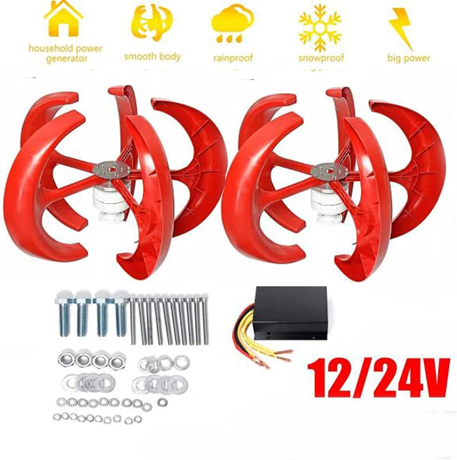 New Energy Vertical Wind Turbine,8000W 12V 24V 48V Low Wind Speed Start Vertical Axies Wind Generator with Controller (Red)