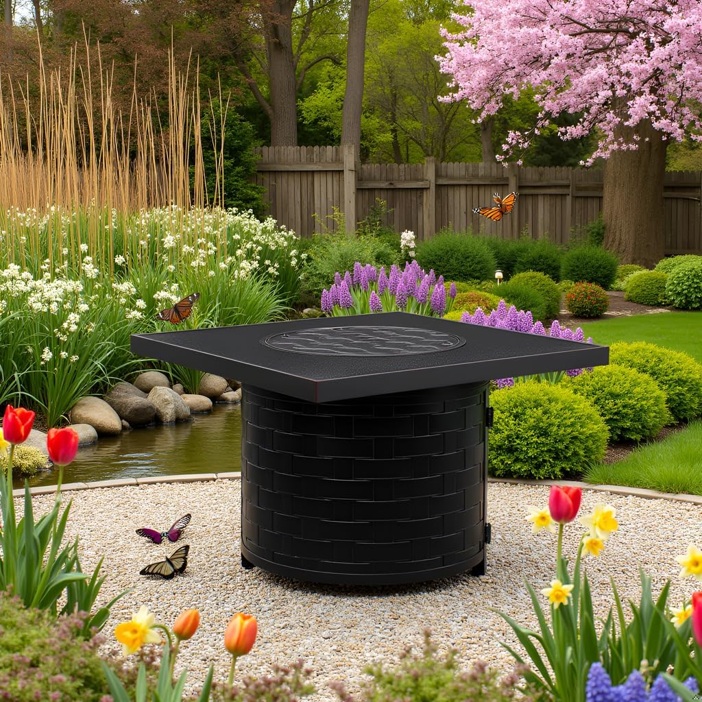 Square LPG/NG Gas Fire Pit Table 55K BTU w/Burner Lid, Cover, Fire Glass #65153