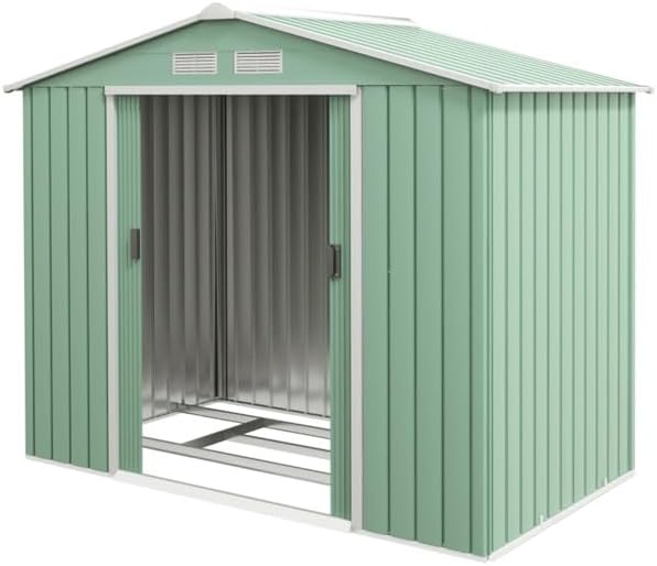 Steel Garden Storage Shed 7x4 ft – Weather-Resistant Outdoor Tool Storage House with Double Sliding Doors, Sloped Roof, Vents, and Foundation Kit (Green)