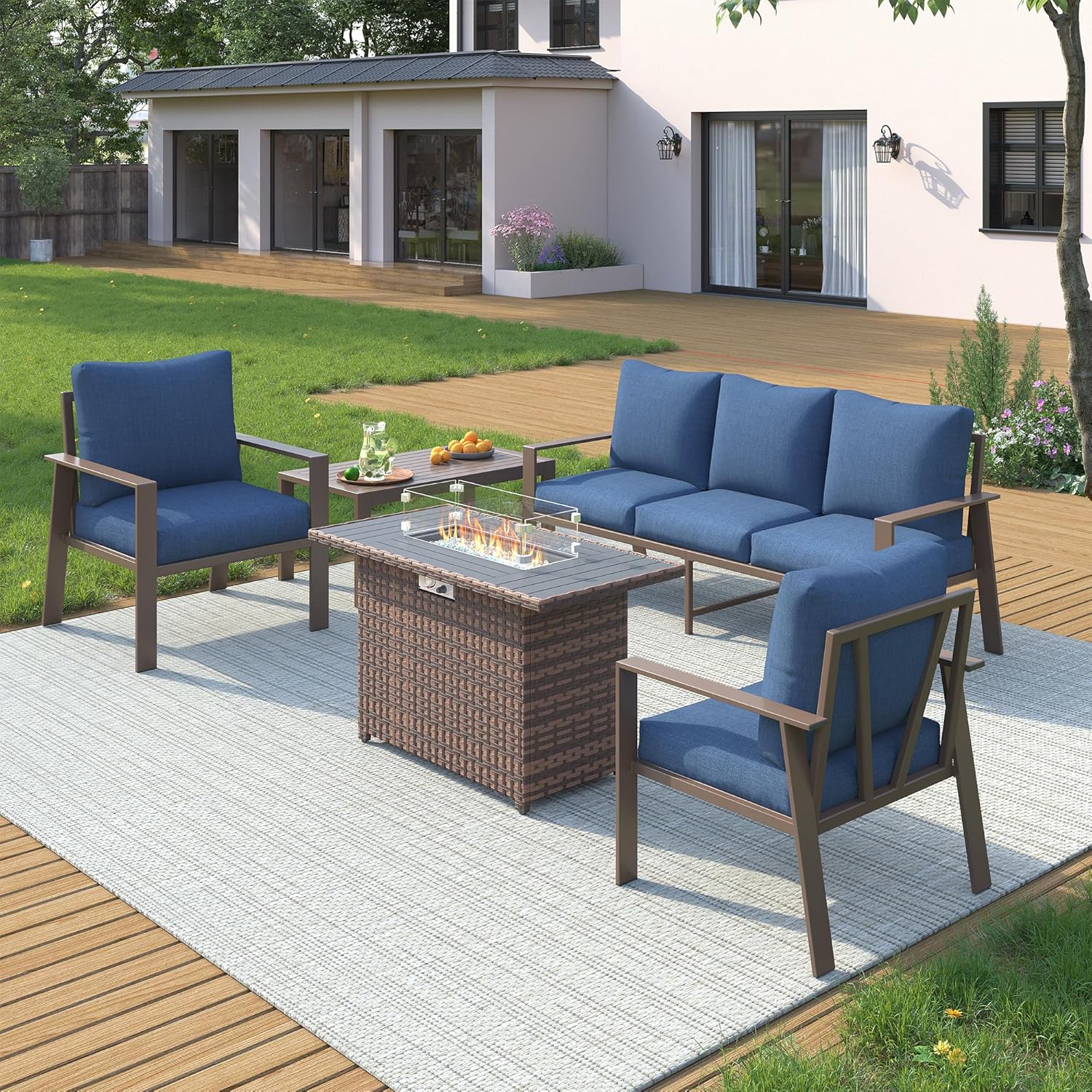 UDPATIO Patio Furniture Set with Fire Pit Table, 5-Seat Outdoor Aluminum Conversation Set, Modern Patio Sectional Furniture for Porch, Deck, Backyard, Navy