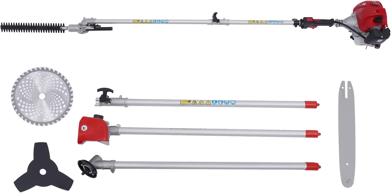 Weed Wacker Gas Powered, 4 In1 51.7cc 2-Stroke Gas Pole Saw Brush Cutter Lawn Mower Side-Attached w/Extension Rod, Chainsaw Hedge Grass Trimmer for Tree Weed Garden